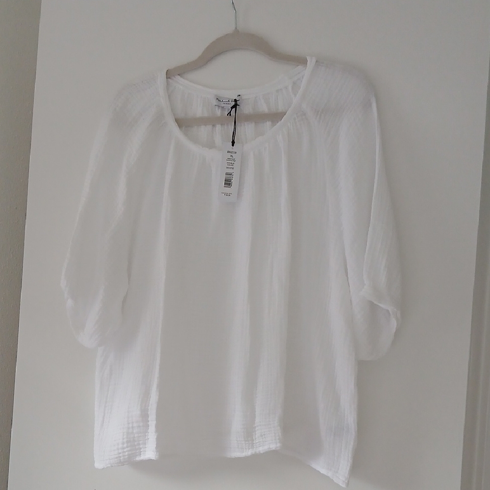 White Women's Gauze Peasant Top - Lightweight Relaxed Fit